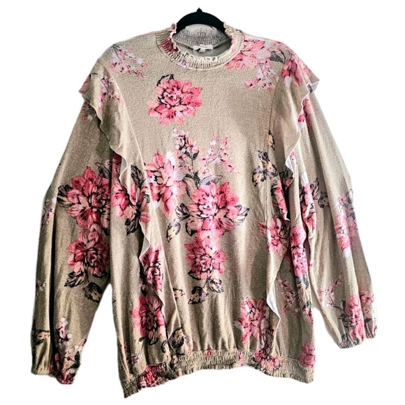 Plus 3X Floral Flowy Spring Sweater Top Womens Coral Colorful Balloon Sleeves - Picture 2 of 9